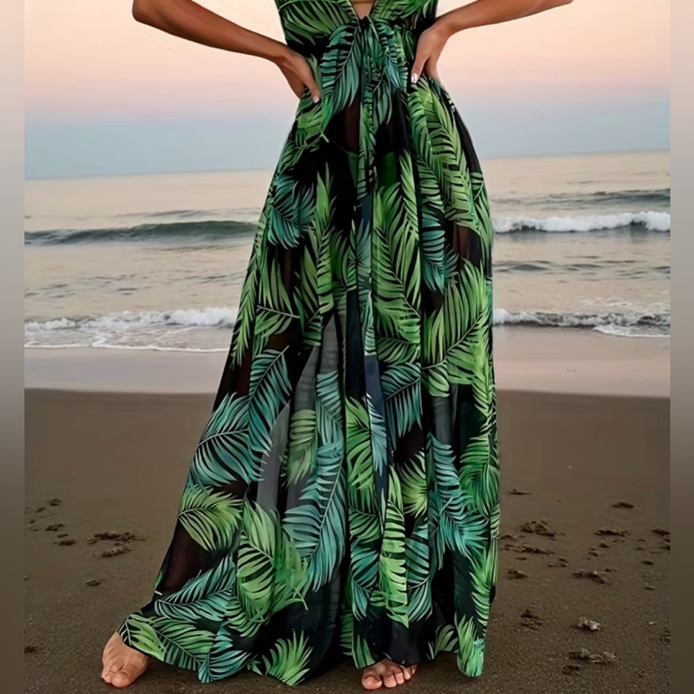 Tropical Leaf Print Maxi Dress - Black & Green